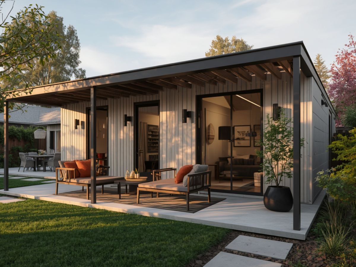 Modern backyard patio with covered porch, lounge seating, sliding glass doors and potted plants at sunset