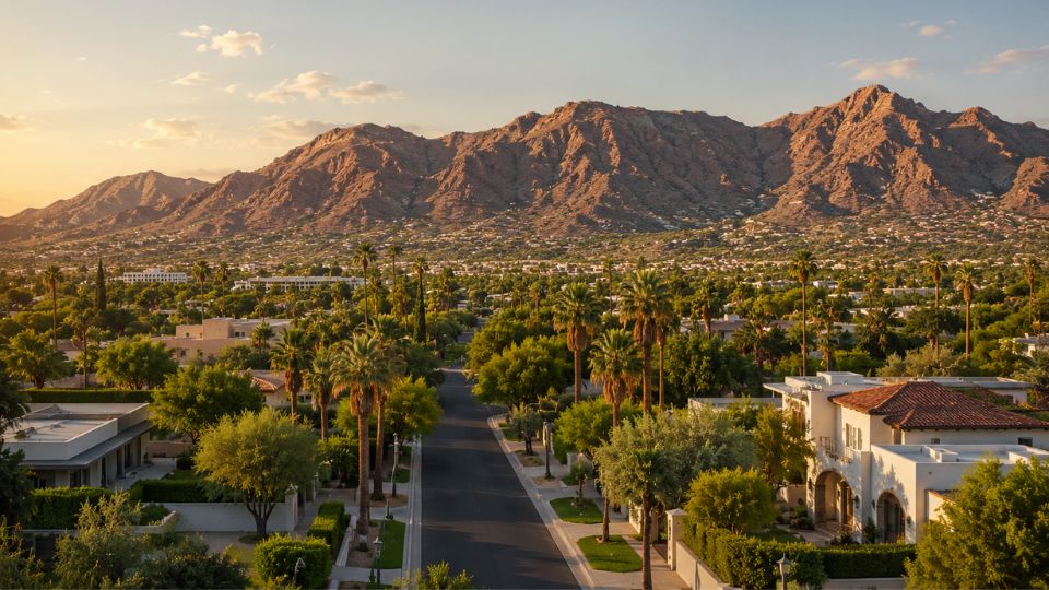 Sunset over Camelback Mountain above Scottsdale suburb, palm‑lined residential street and desert landscaping