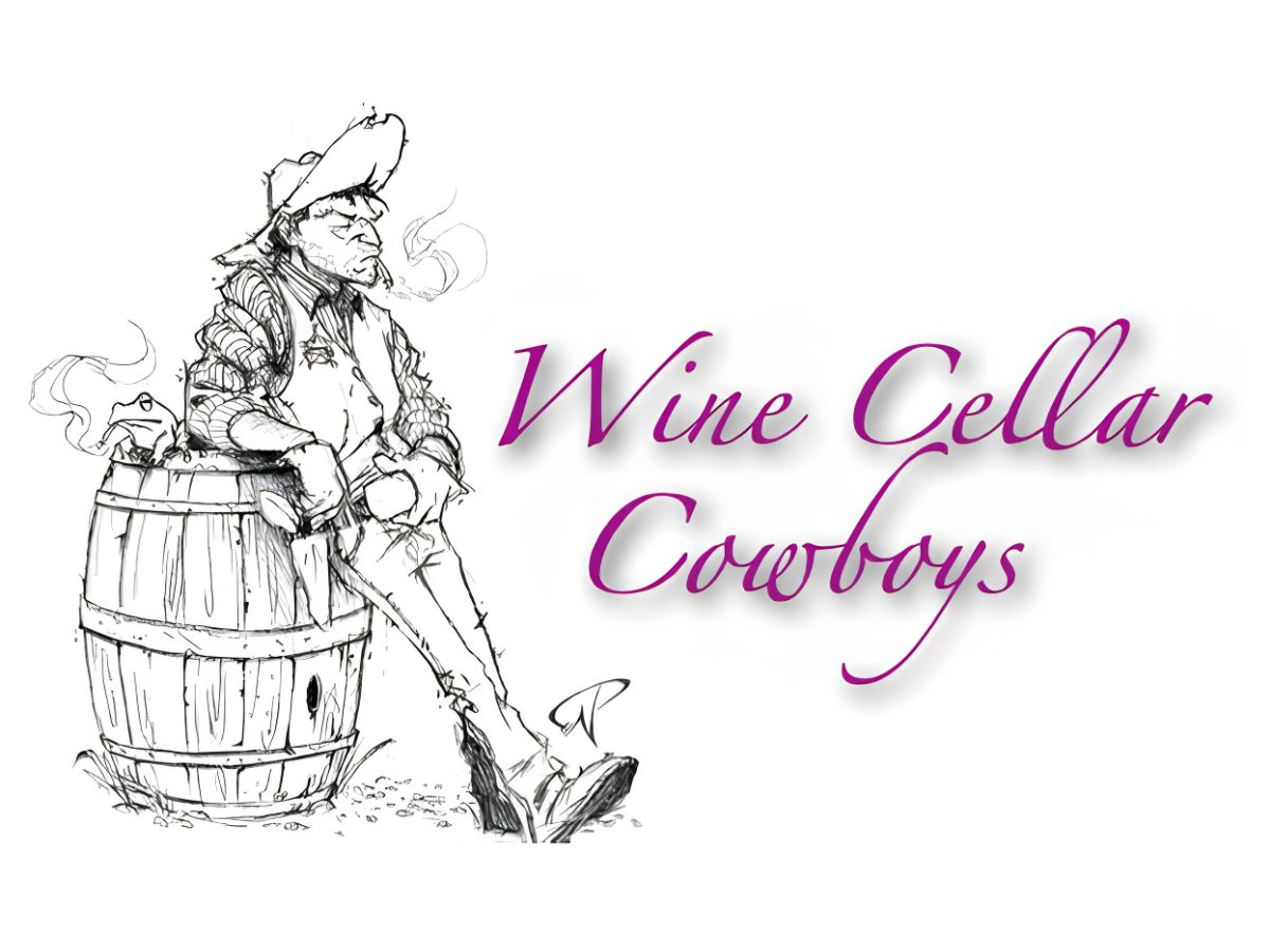 Wine Cellar Cowboys logo - sketch of cowboy leaning on a wine barrel smoking, purple cursive text