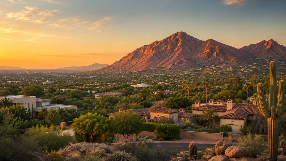 Scenic sunset over desert suburb with Saguaro cactus, red mountains and upscale homes in Phoenix/Scottsdale, Arizona