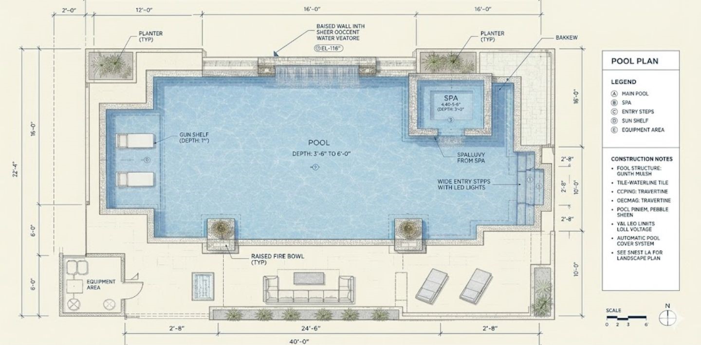 Top-view pool plan blueprint: rectangular backyard swimming pool with spa, sun shelf, lounge area and dimensions